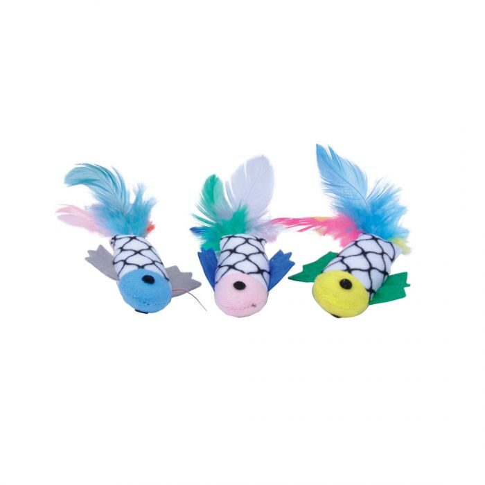 CAT TOY STRIPPED FISH W/FEATHERS