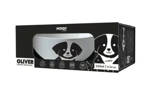 [60003499] PETJOY Furry Feast Ceramic Bowl Oliver - Black & White 550ml